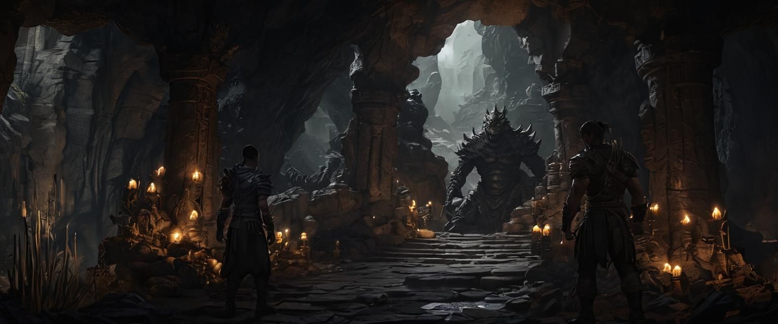 Dark Fantasy Warrior in Grand Cave with Dragon Columns