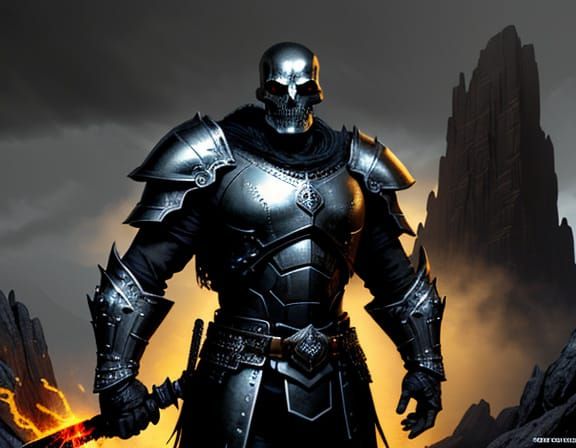 Heroic Dark Fantasy Warrior in Metal Armor, Wielding Flaming...