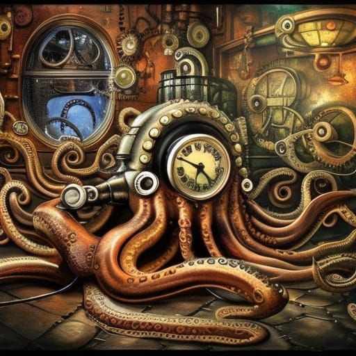 Steampunk Octopus Dream in 19th-Century Machine Bed