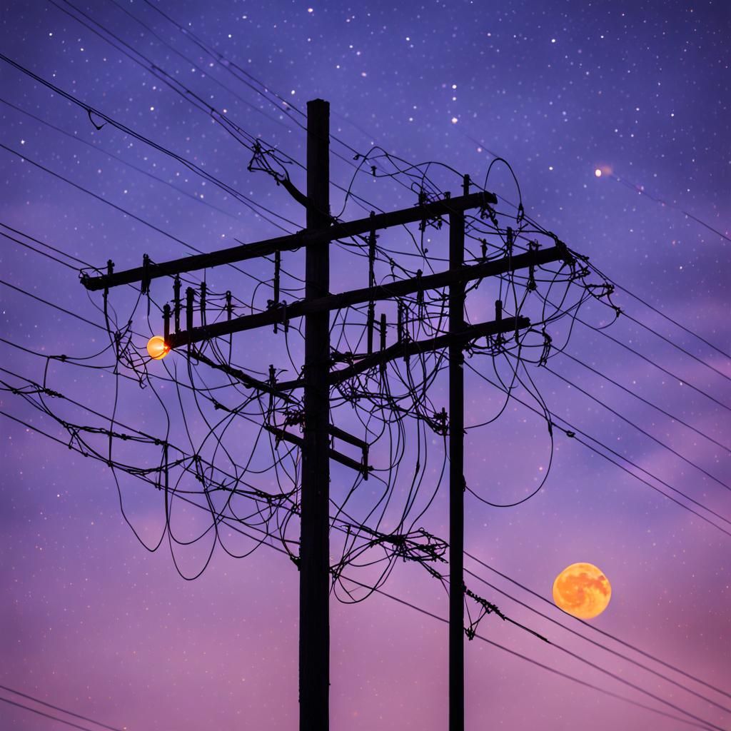 Moody Nighttime Power Pole Photography in Purple Hue