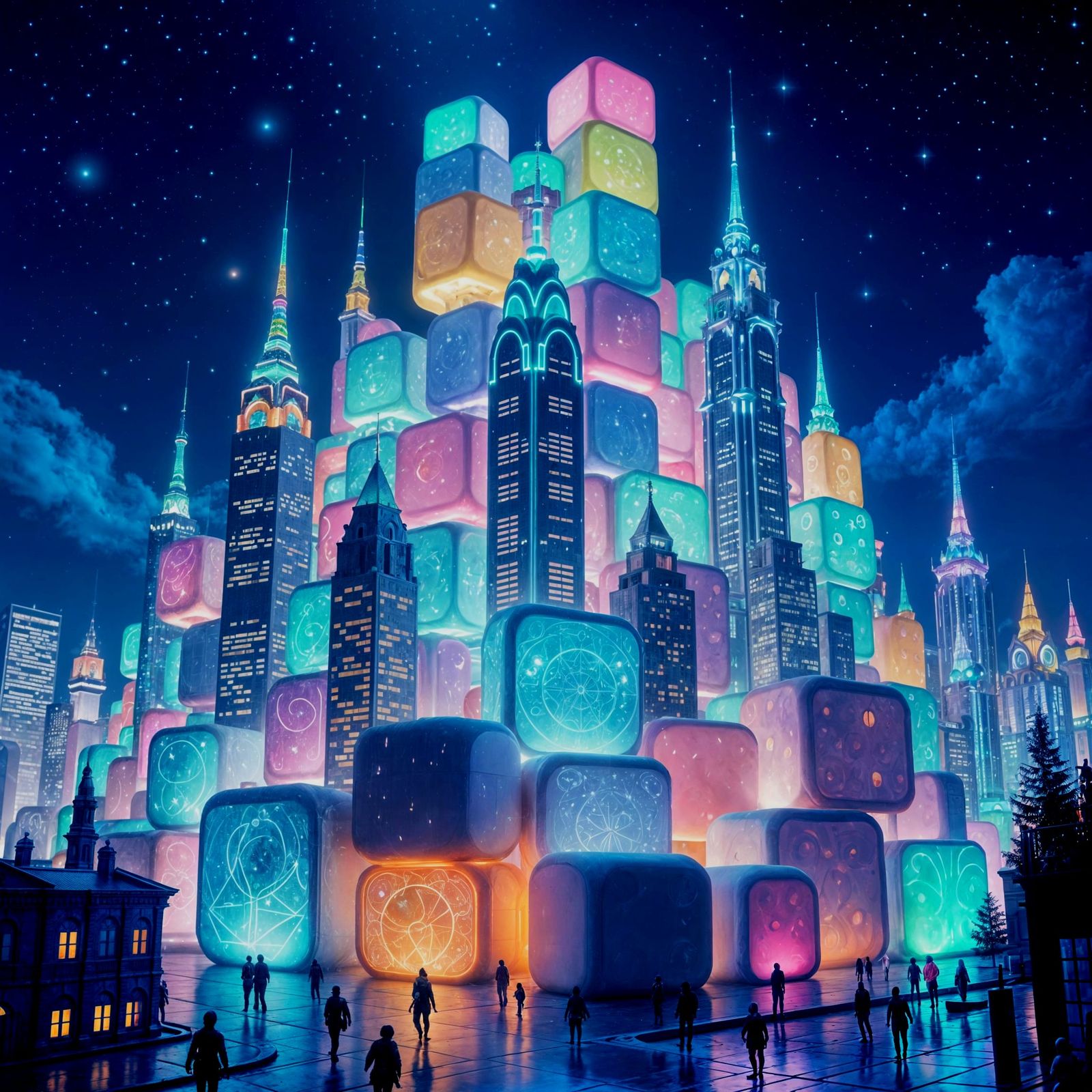 Bioluminescent Marshmallow City Under Dynamic Lighting