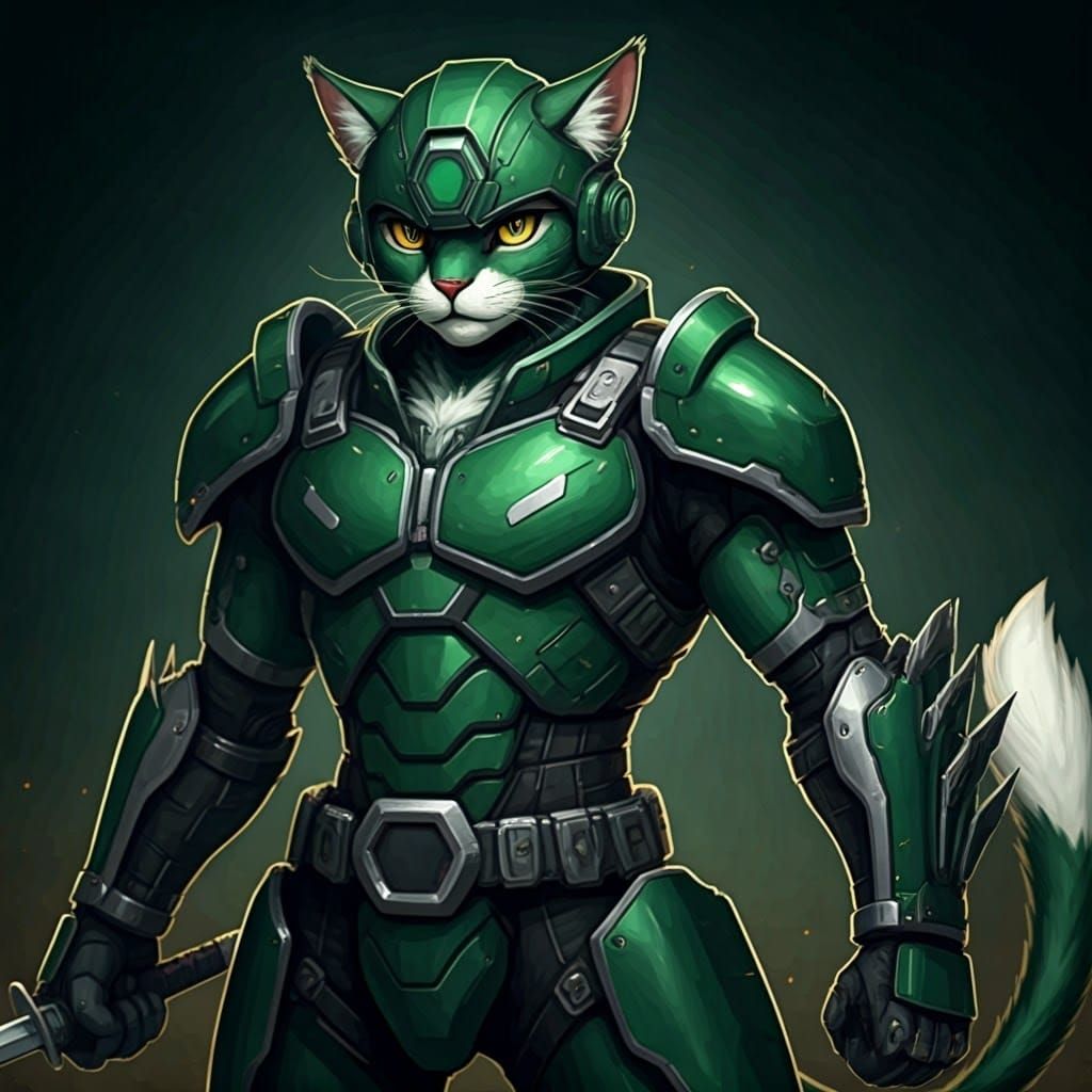 Manga-Style Samurai Cat with Emerald Fur and Octagonal Armor