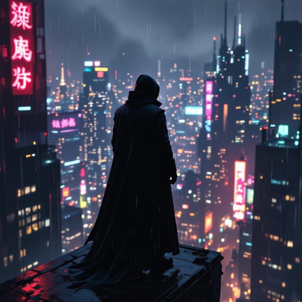 Cyberpunk Watcher Over Rain-Slicked Cityscape