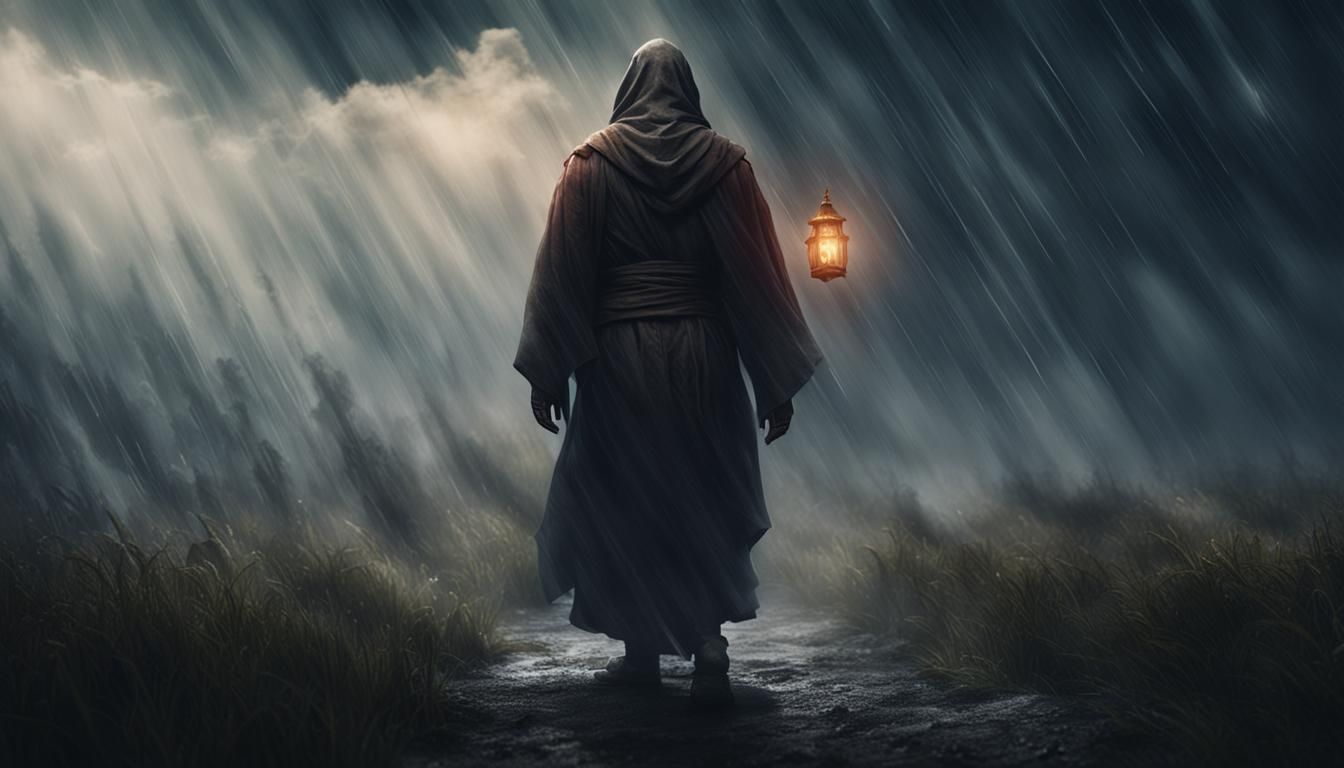 Faceless Monk Emerges from Storm in Matte Painting