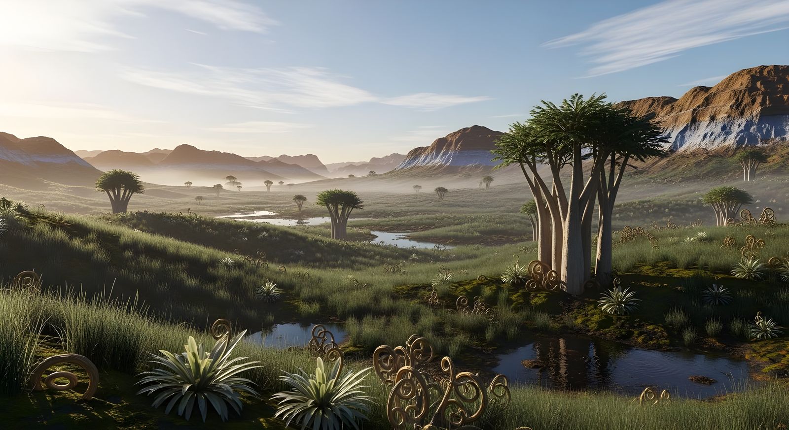 Hyper-Realistic Alien Planet Landscape Under Golden Daylight