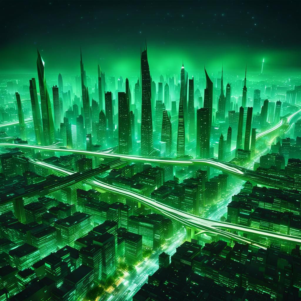 Futuristic Green Cityscape at Night