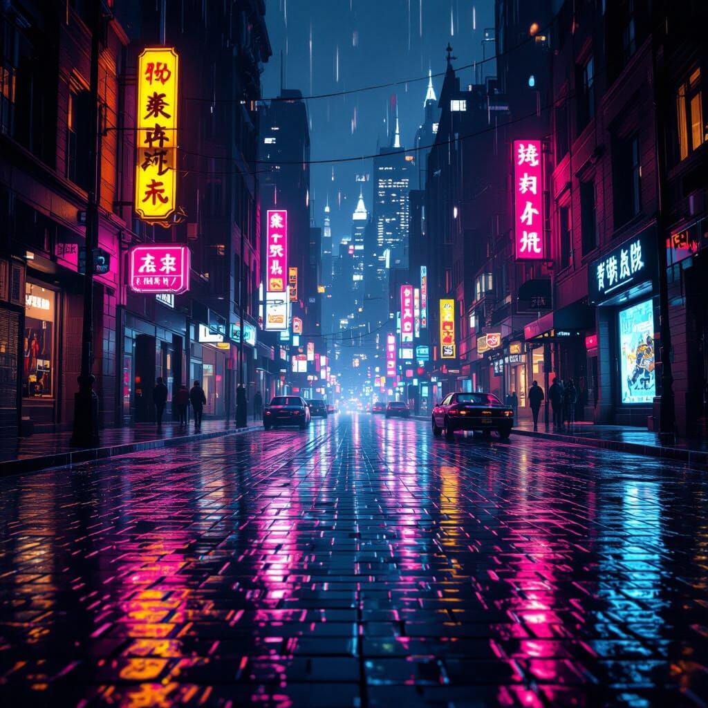 Rain-Soaked City Street at Night in a Futuristic Style