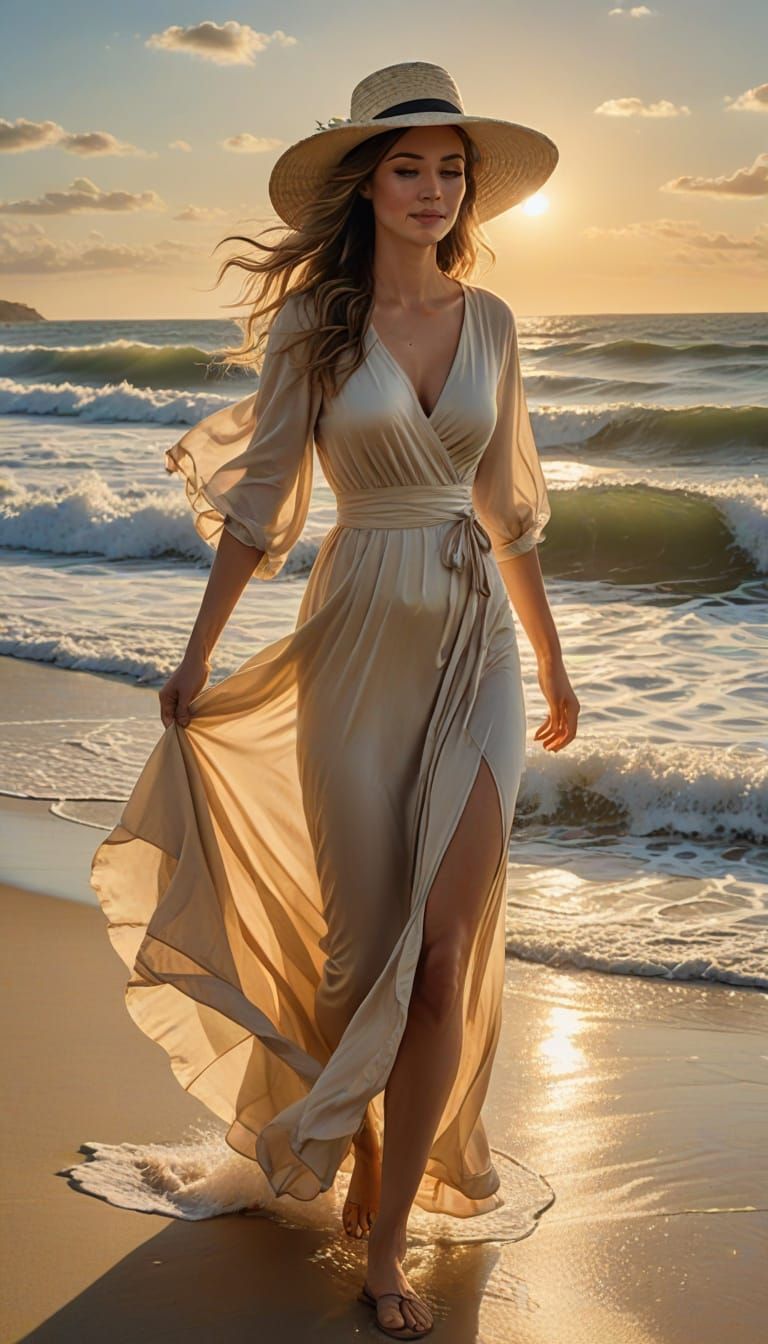 Woman with Flowing Golden Hair on a Sunny Beach