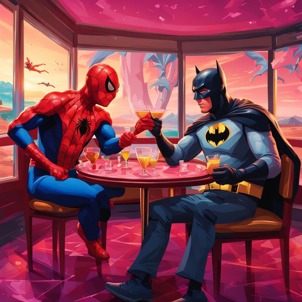 Superheroes Enjoying Cocktails at Tropical Resort