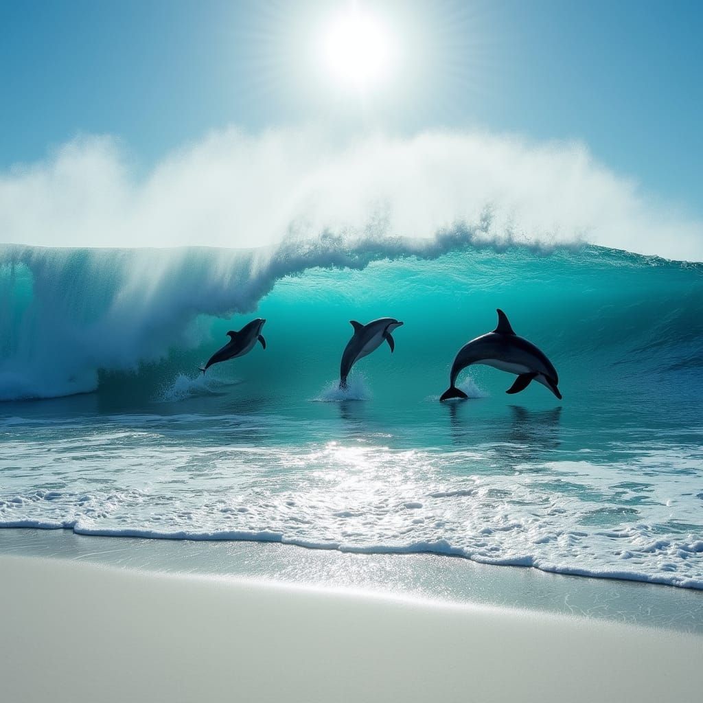 Dolphins Leaping in Ocean Waves on Sunny Beach