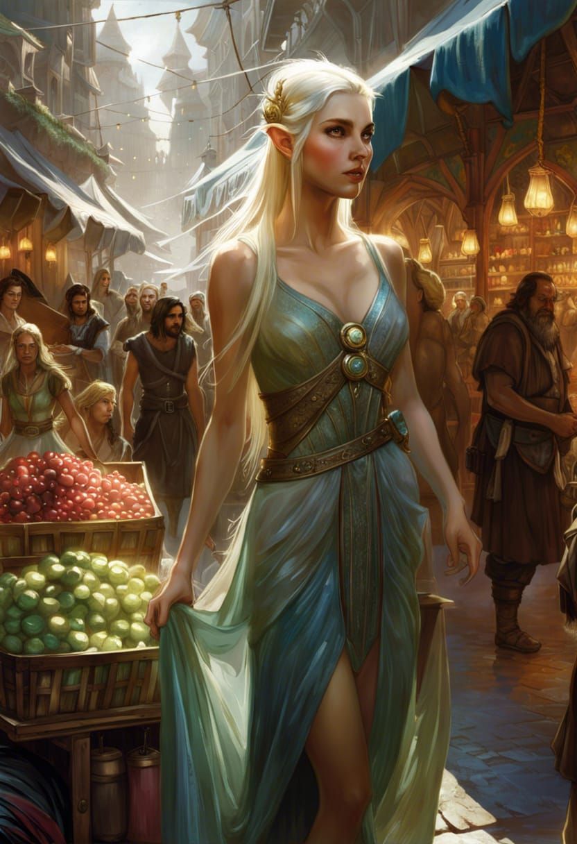 Dreamy Elven Woman in Fantasy Dwarf City