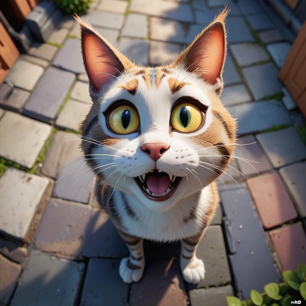 Startled Cat Portrait in 3D Digital Art Style