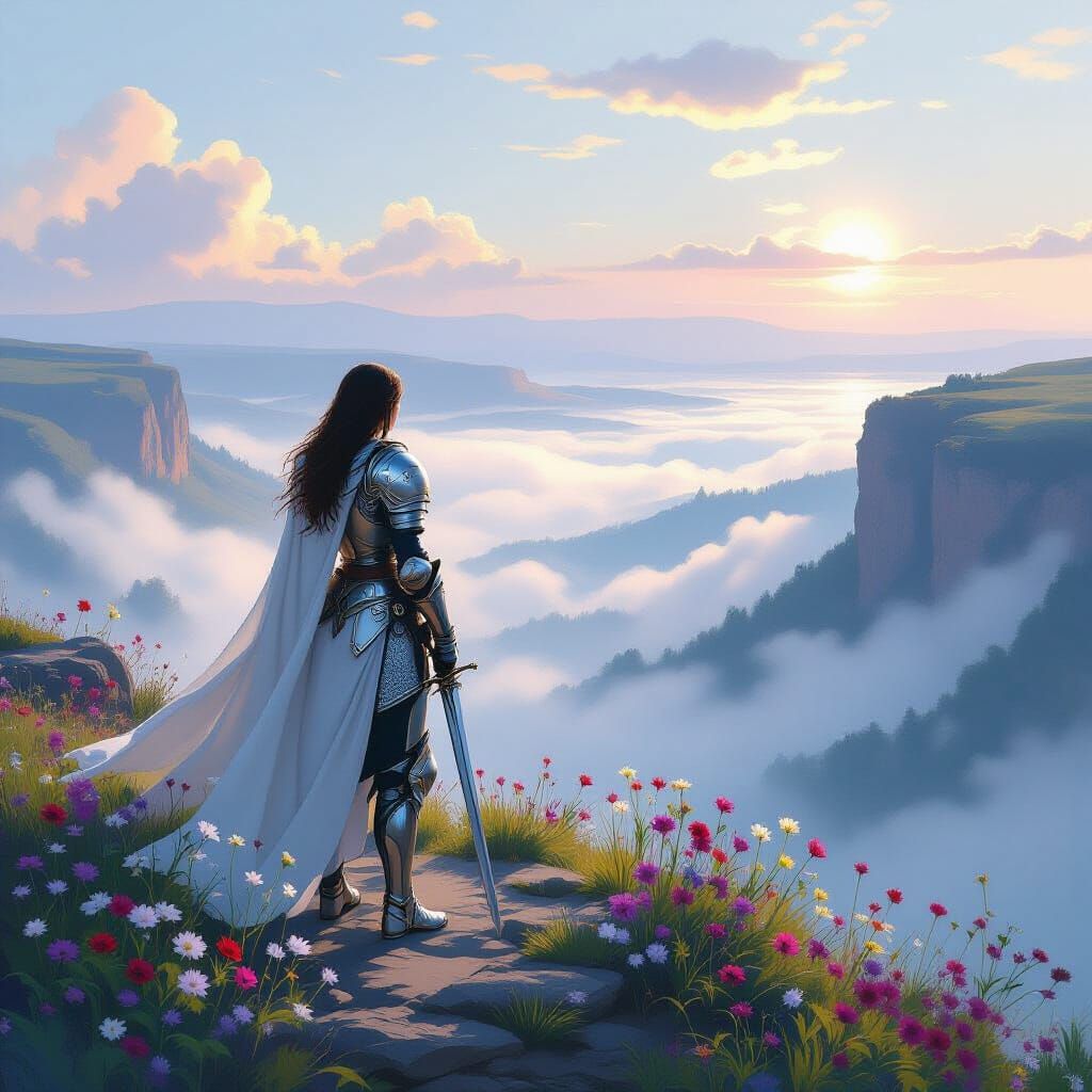 Serene Knight Overlooking Misty Valley, Impressionist Style