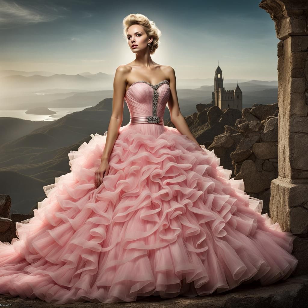 Hyperrealistic Blonde in Pink Couture Ruffle Gown
