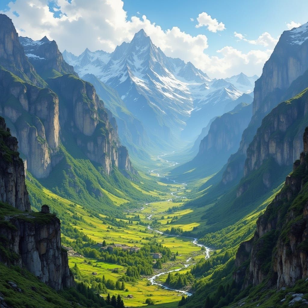 Deep Valley Landscape with Snowy Peaks and Rich Colors