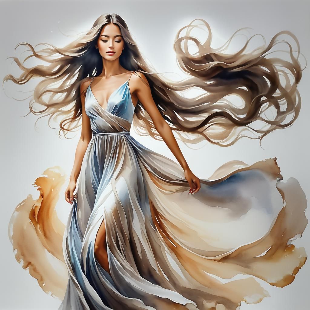 Elegant Woman in Flowing Dress: Watercolour Painting
