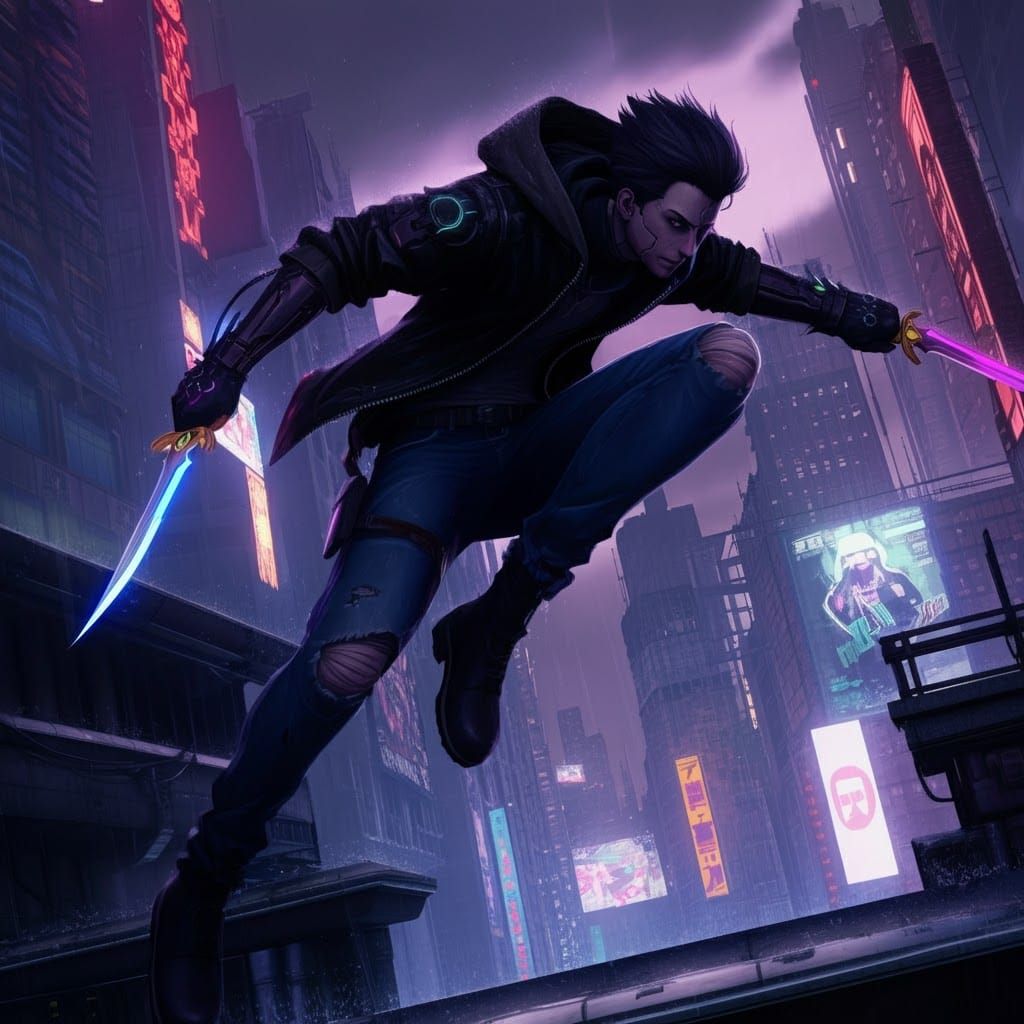 Cyberpunk Rogue Leaps Across Dystopian Cityscape