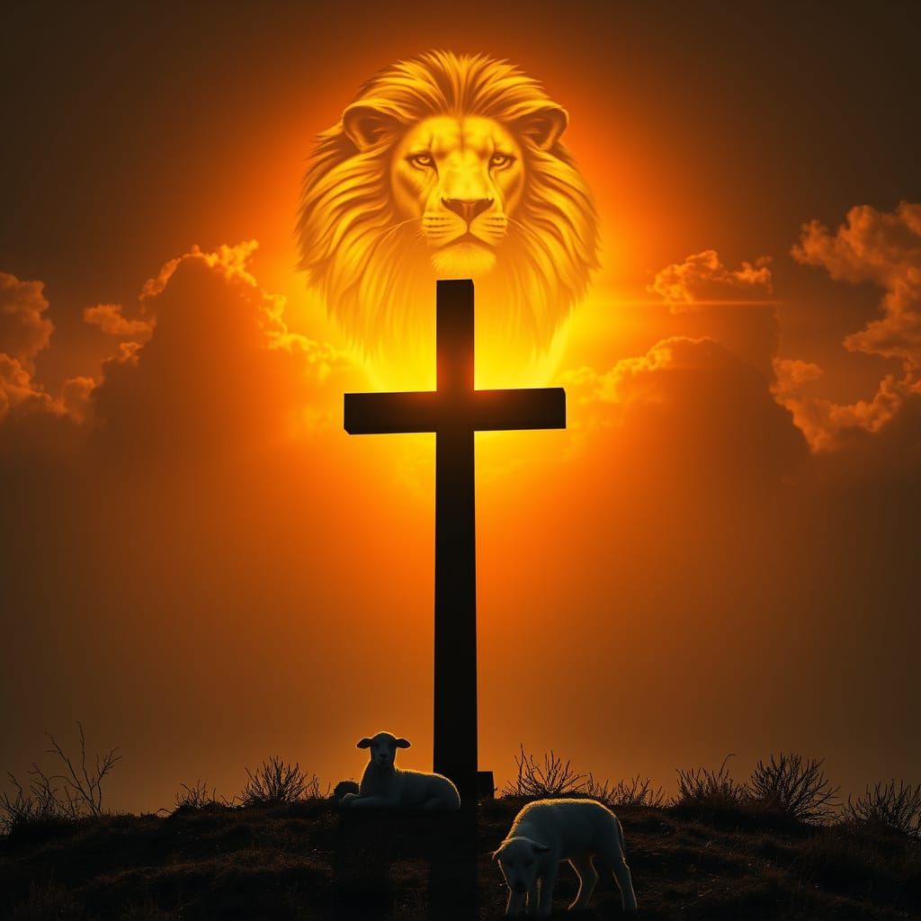 Ancient Cross Sunrise with Cloud Lion and Peaceful Lamb