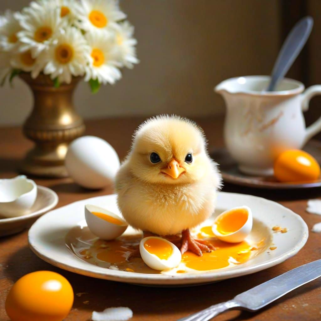 Surreal Chick Emerges from Egg in a Dazzling Oil Painting
