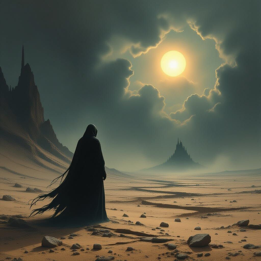 Eerie Figure in Barren Landscape: Dark Surrealism