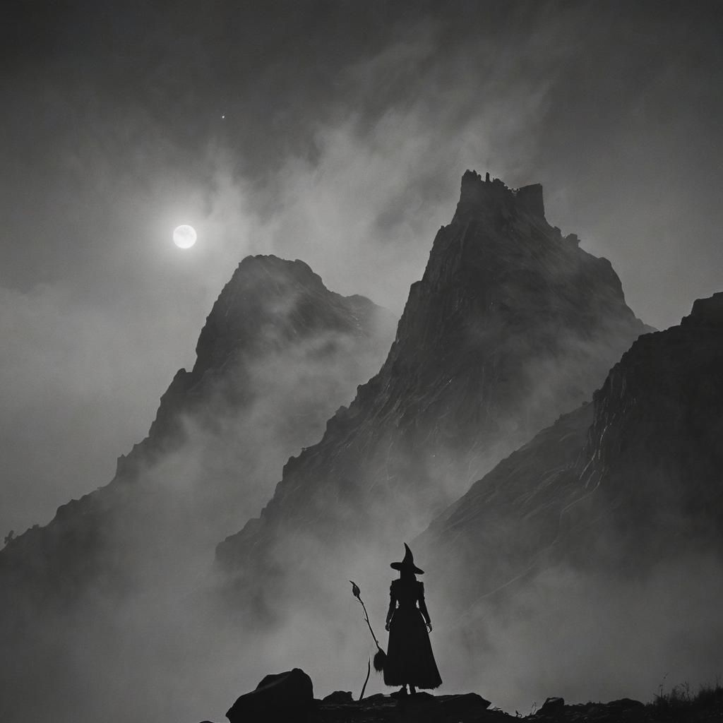 Eerie Witch Silhouette on Misty Mountain Peak