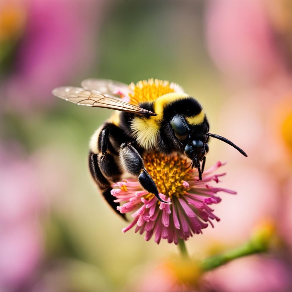 Pollen-Covered Bumble Bee Hovering Over Flower