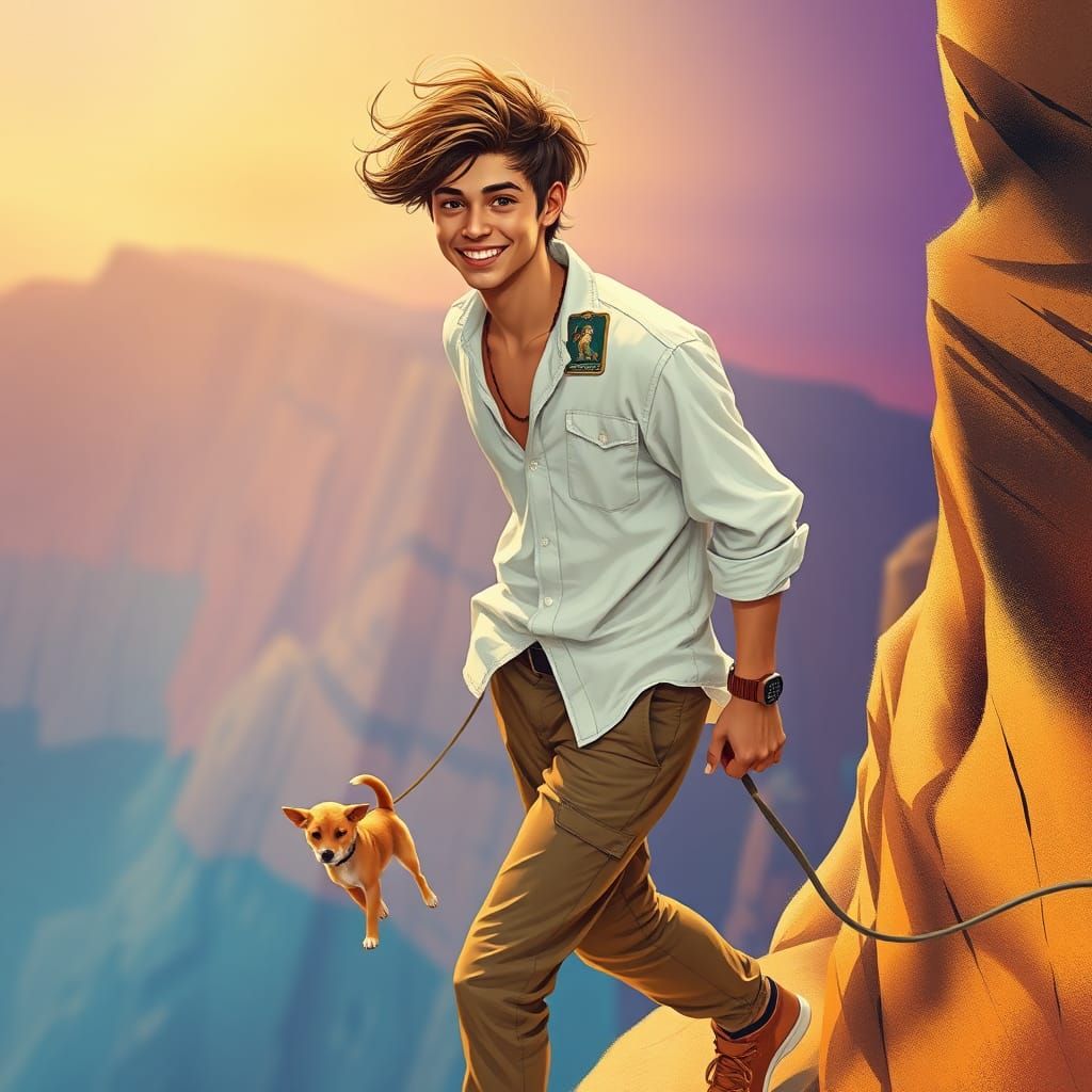 Carefree Man and Dog on Cliff in Splash Art Style