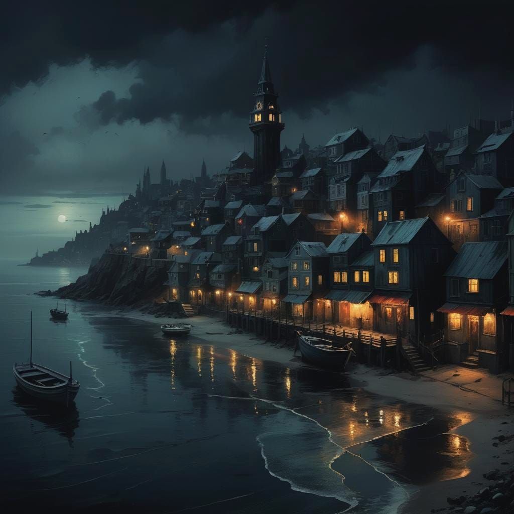 Sinister Seaside Fantasy City in Impressionistic Style