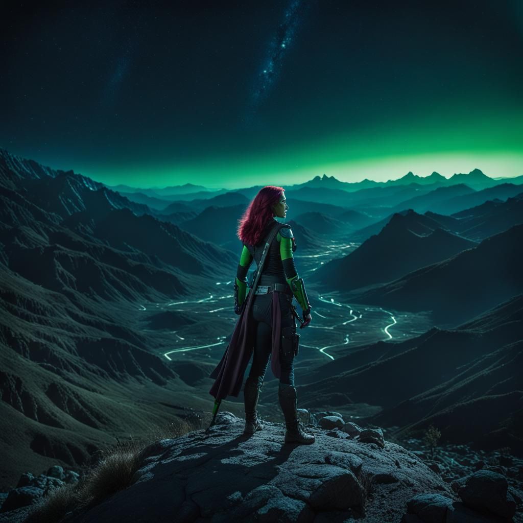 Gamora in Dramatic Mountain Landscape at Night