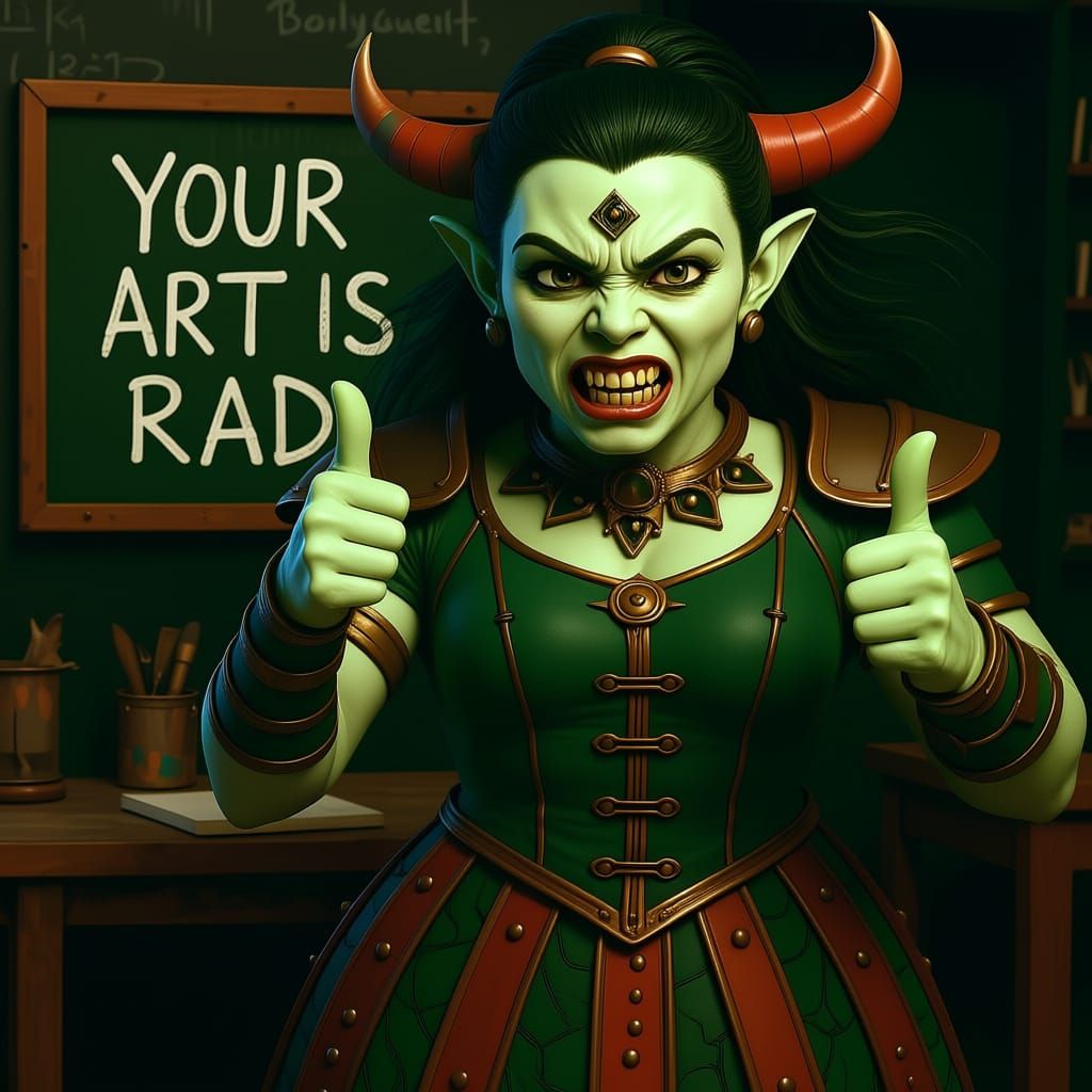 make the demon woman ugly angry and growling, make her skin ...