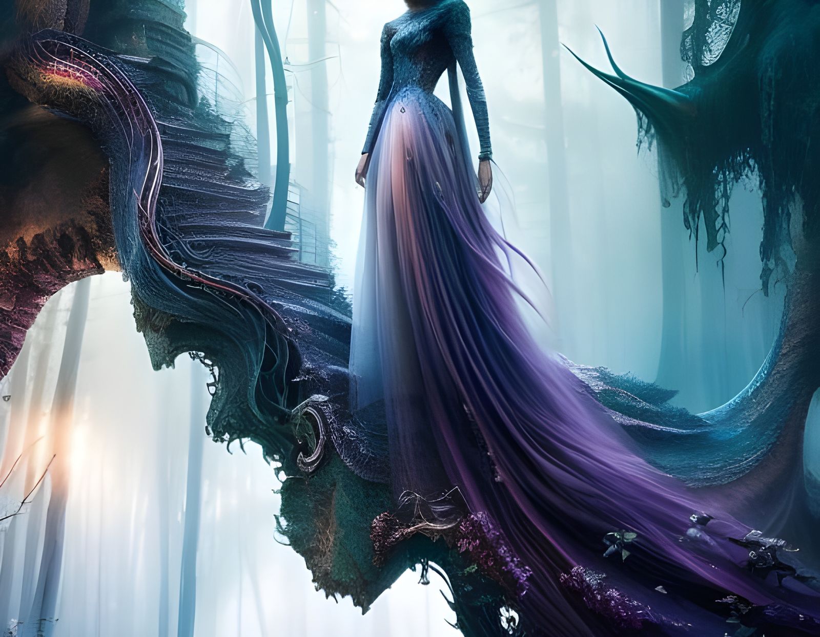 Ghostly Princess in Liminal Forest: Gouache Illustration