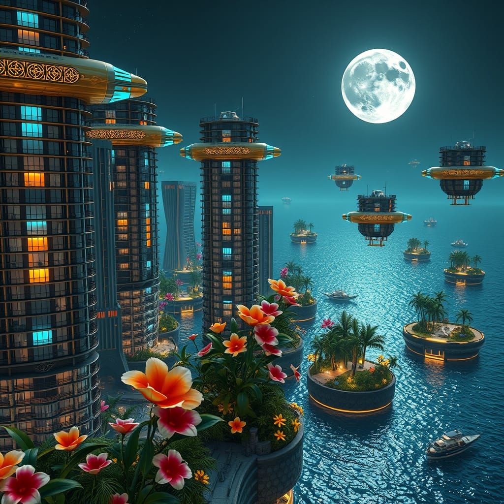 Retro-Futuristic Cityscape with Flying Islands