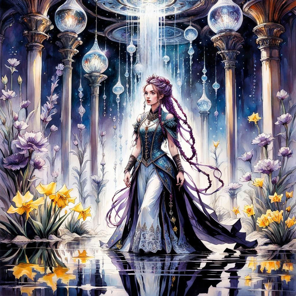 Ornate Princess Reflection in Poppy Pond: Dark Fantasy Art