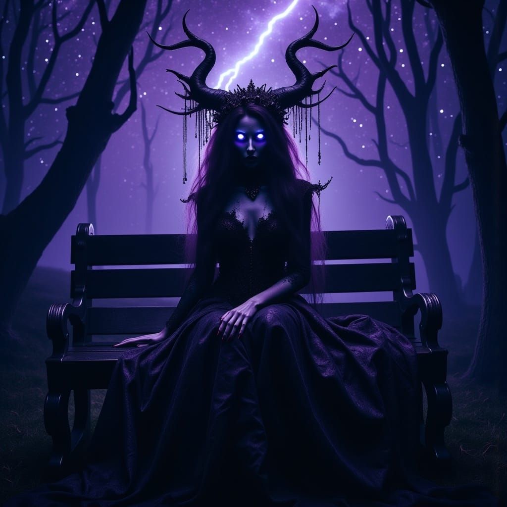 Dark Fantasy Sorceress of Violet Void on Bench
