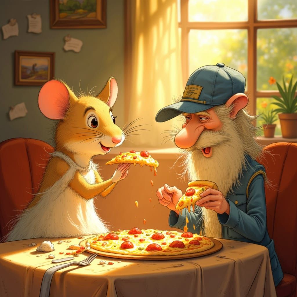 Whimsical Hamster and Aardvark Share Pizza