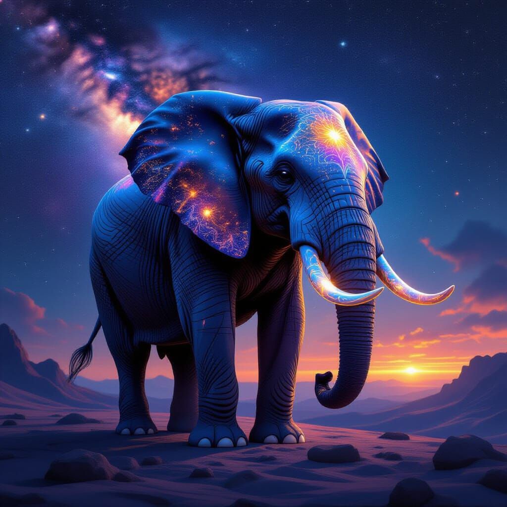 Cosmic Elephant on Nebula Planet with Stardust Tusks