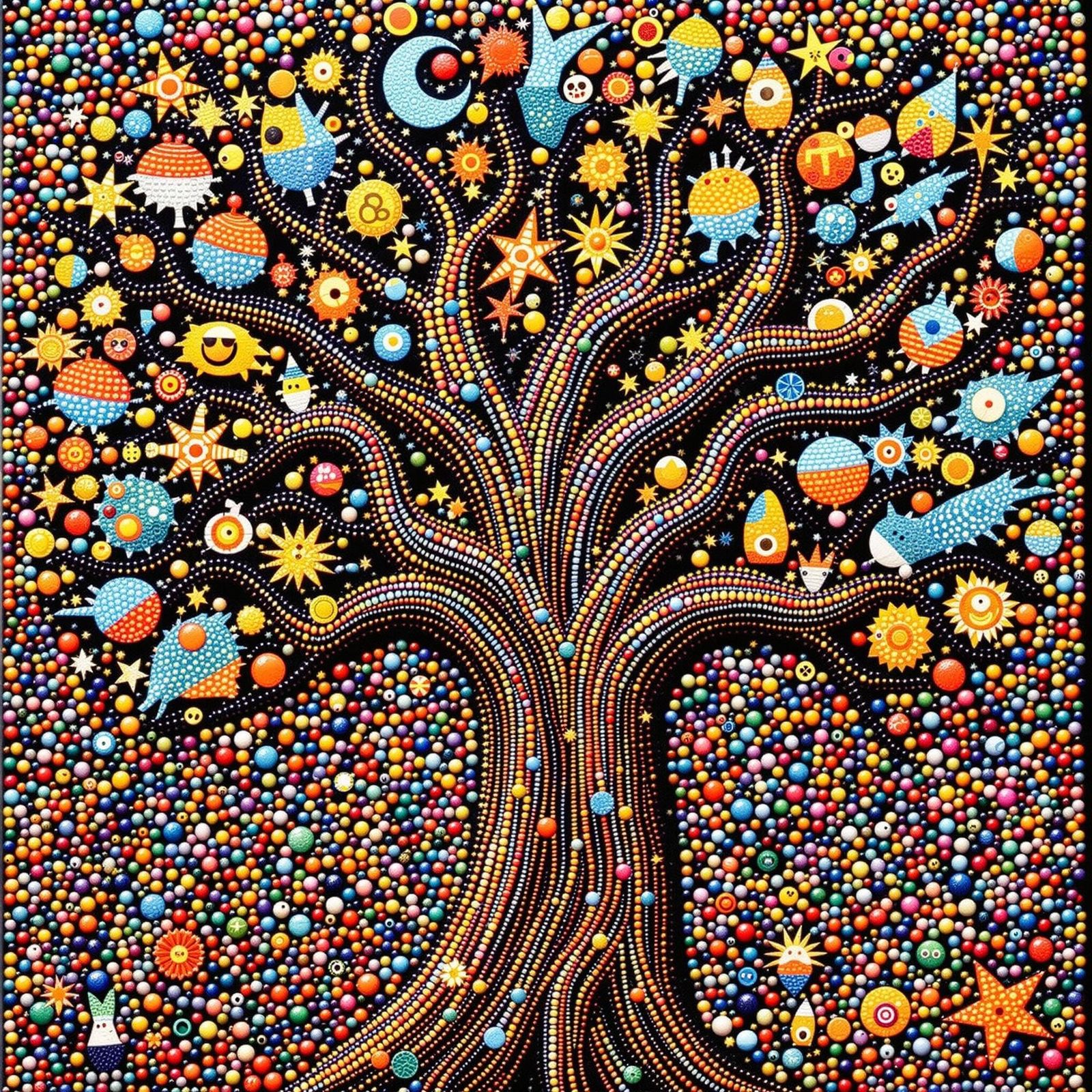 Colorful Tree Surrounded by Beads in Folk Art Style