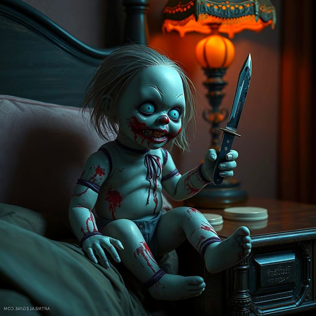 Bloody Zombie Doll in a Nightmarish Scene