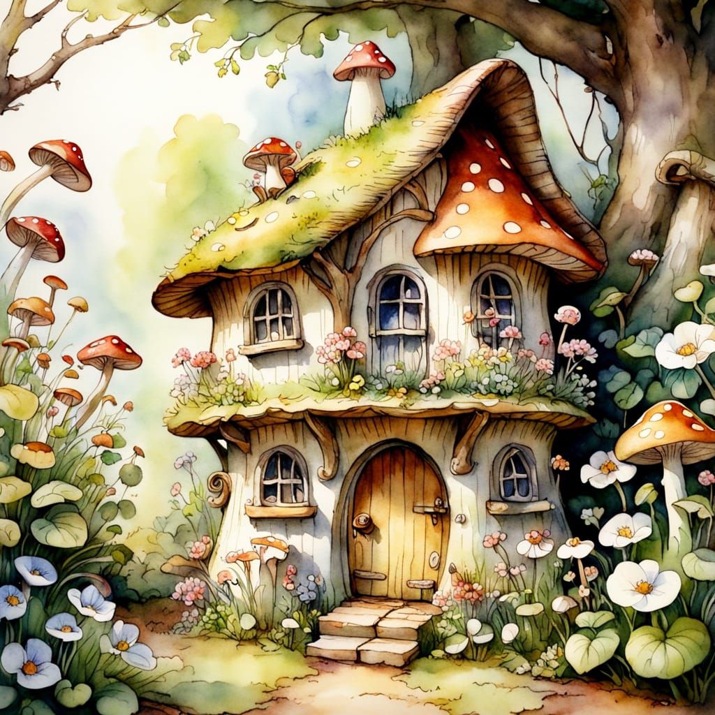 Whimsical Mushroom Mouse Home in Watercolour Style
