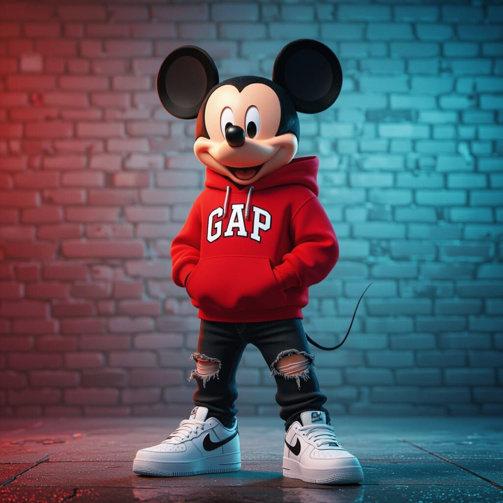 Mickey Mouse in Red GAP Hoodie, Ripped Jeans, and Air Force ...