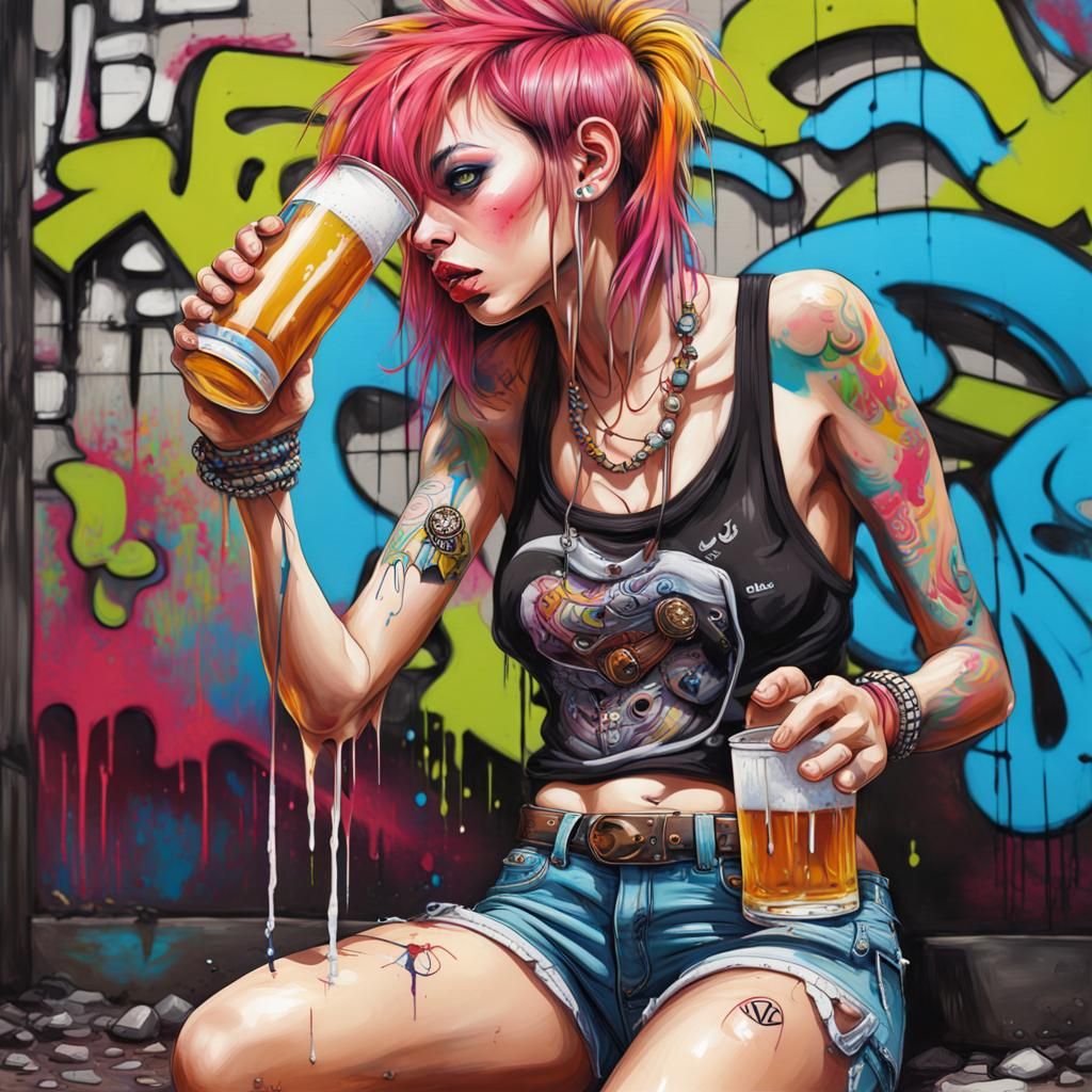 Punk Girl Drinking Beer in Graffiti Street Art Style