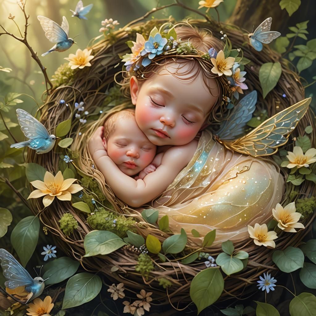 Newborn Fairy in Enchanted Forest, Whimsical Illustration