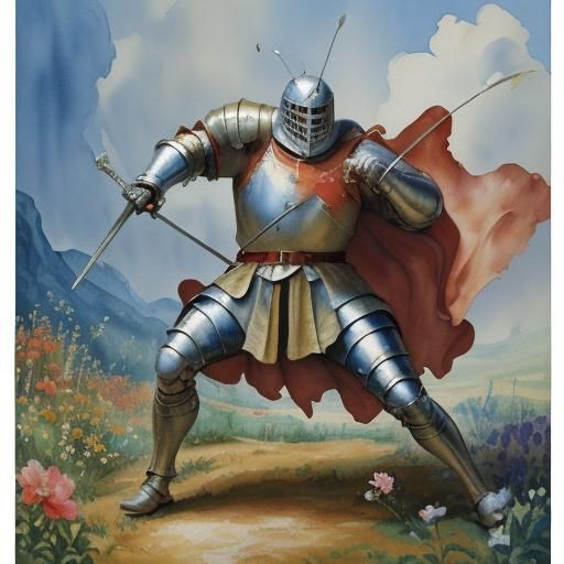 French Knight Battles Giant Bug in Gouache Style