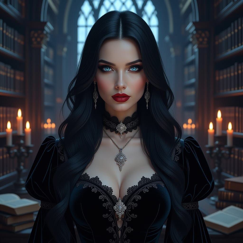 Gothic Woman in Grand Library, Hyperrealistic Concept Art