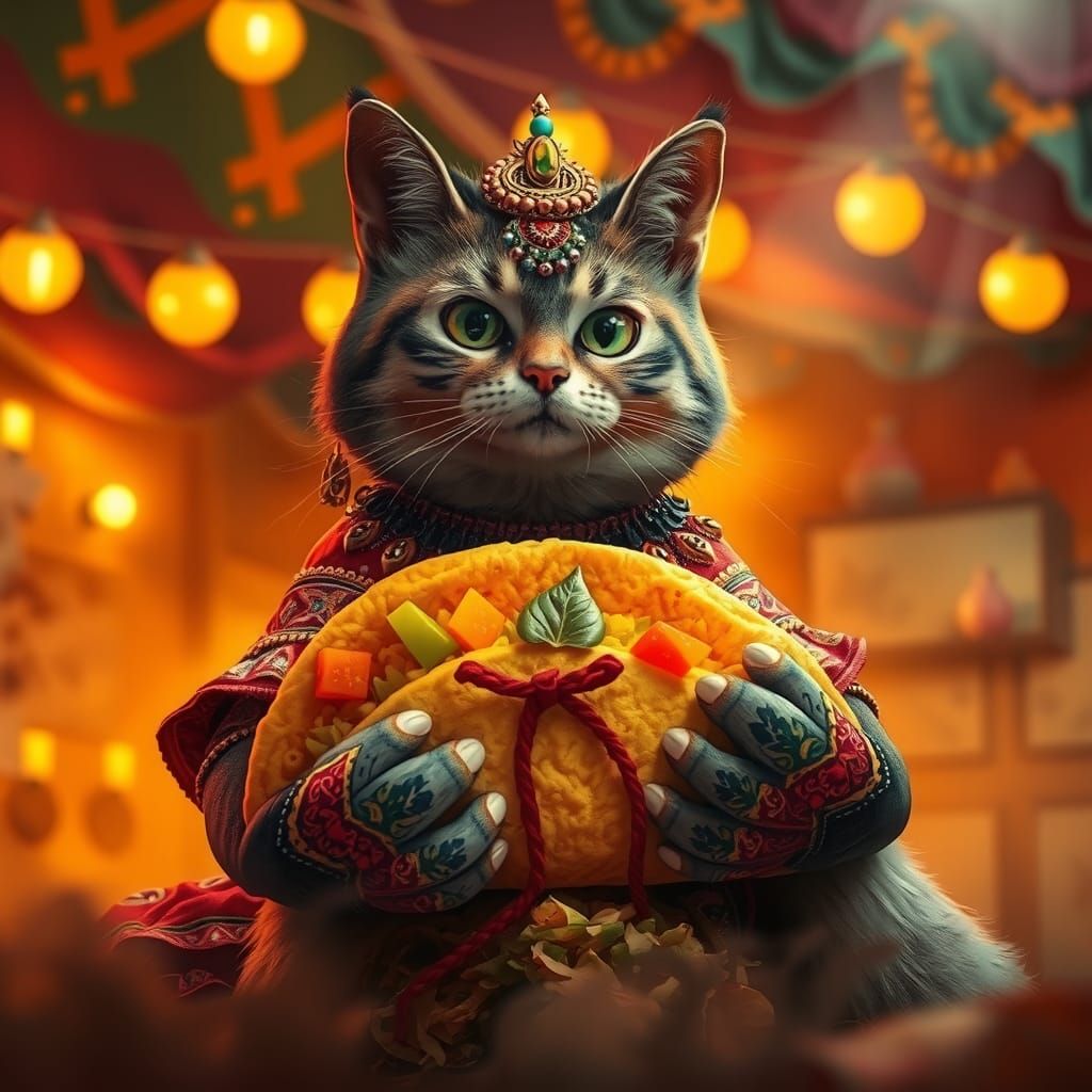 Festive Mexican Cat with Taco in Mystical Setting