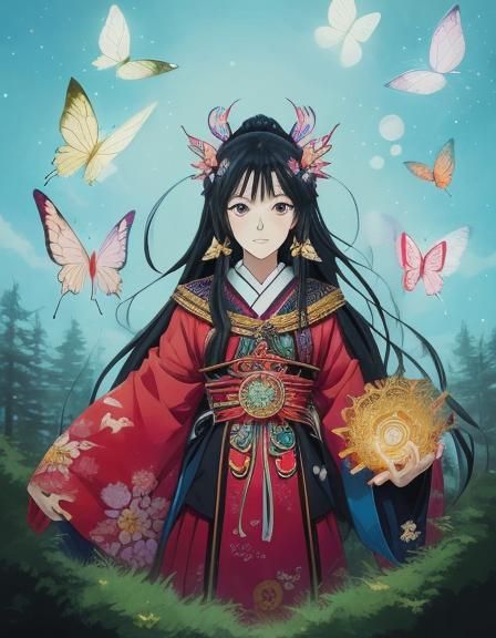 Anime Girl in Forest with Butterfly Hairpin