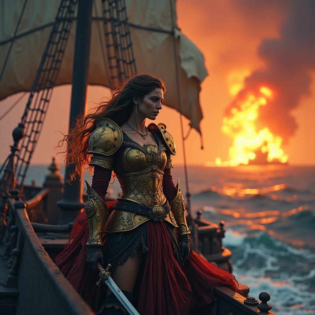 Pirate Queen in Fiery Battle, Dark Fantasy Style