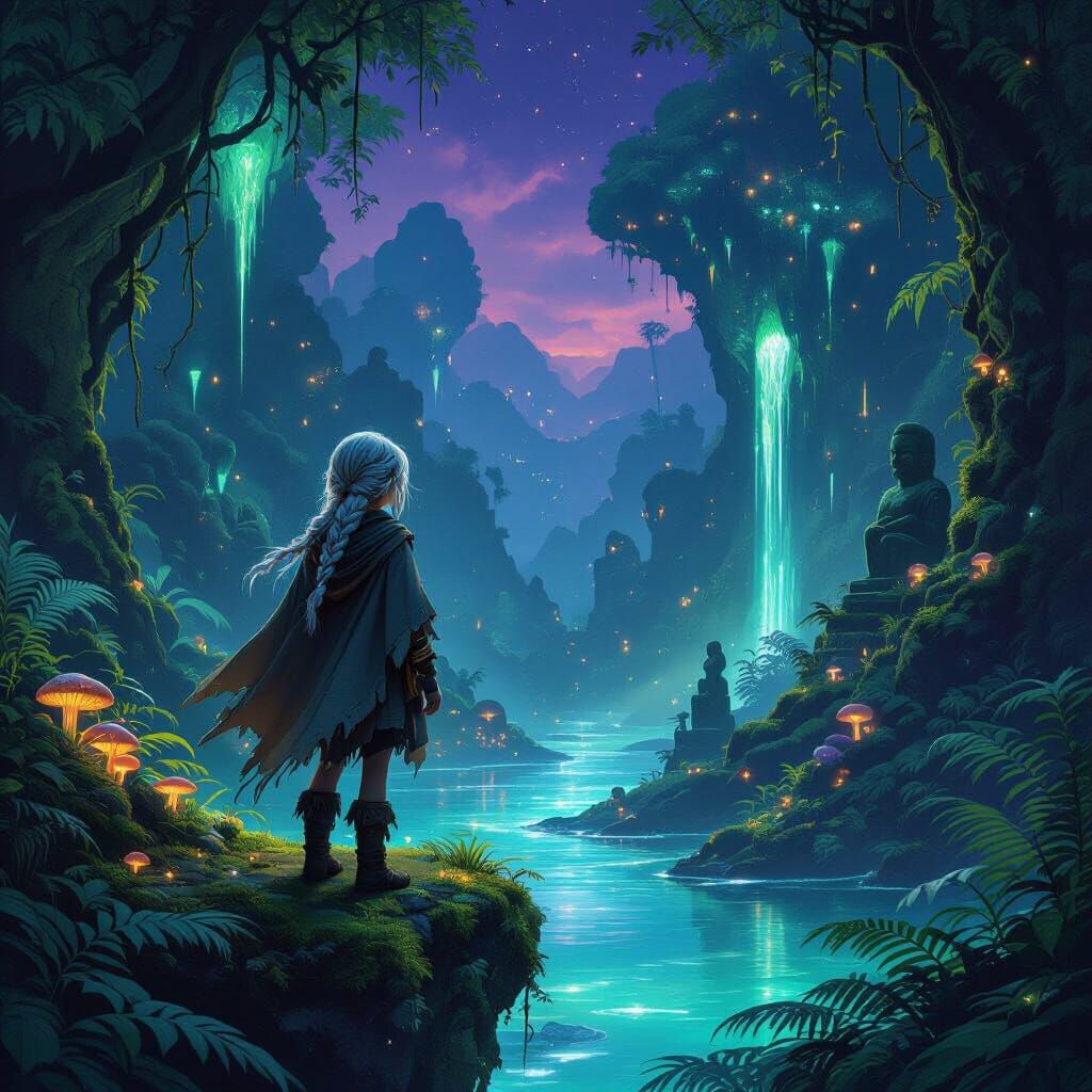 Alien Rainforest Explorer Under Violet Sky