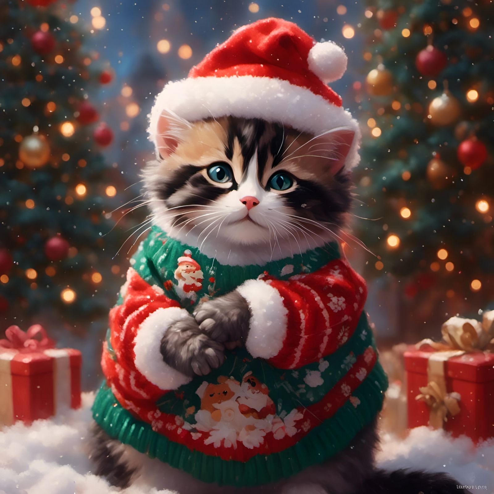 Kitten and Rat Hug in Snowy Christmas Scene