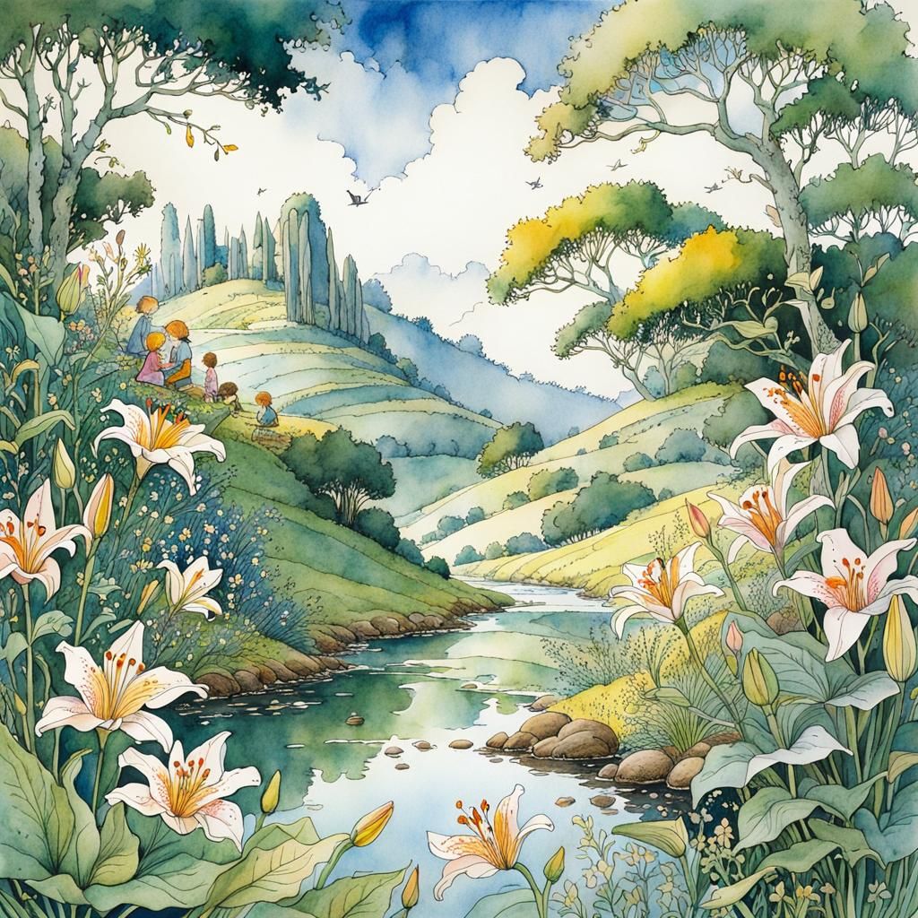 Whimsical Waterside Picnic: Storybook Illustration